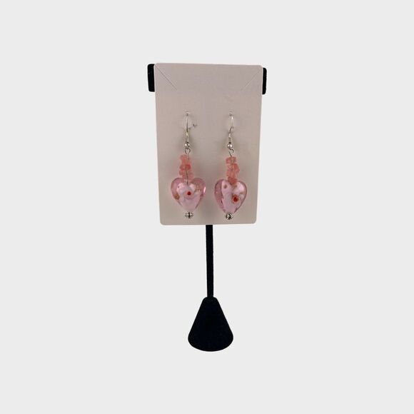 Vintage Pink Heart Earrings Puff Glass & Rose Quartz Earrings NWT - Picture 2 of 8